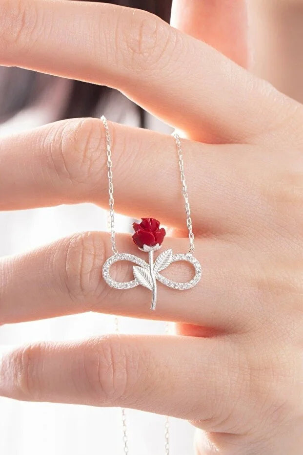 Rode Roos Infinity Ketting | 925 Sterling Zilver met Witte Zirkoon Steen