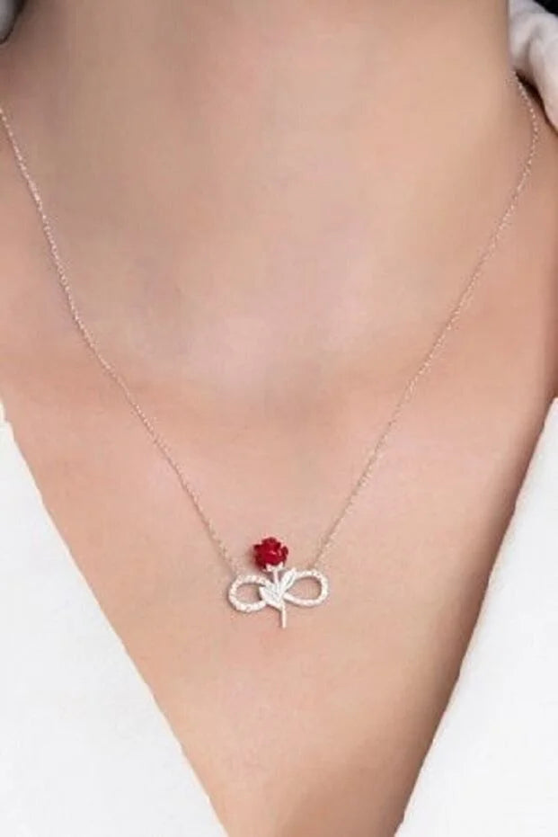 Rode Roos Infinity Ketting | 925 Sterling Zilver met Witte Zirkoon Steen