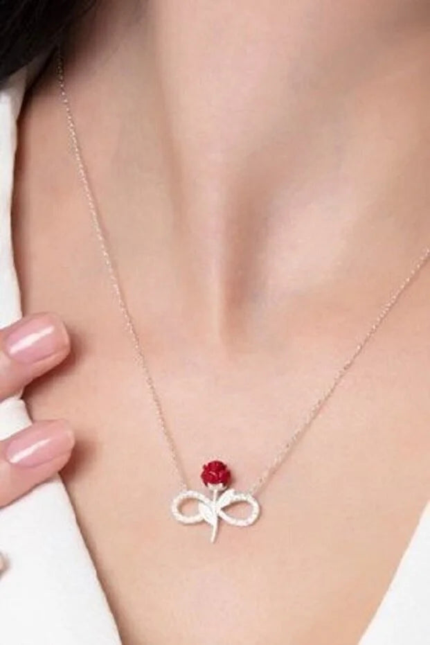 Rode Roos Infinity Ketting | 925 Sterling Zilver met Witte Zirkoon Steen