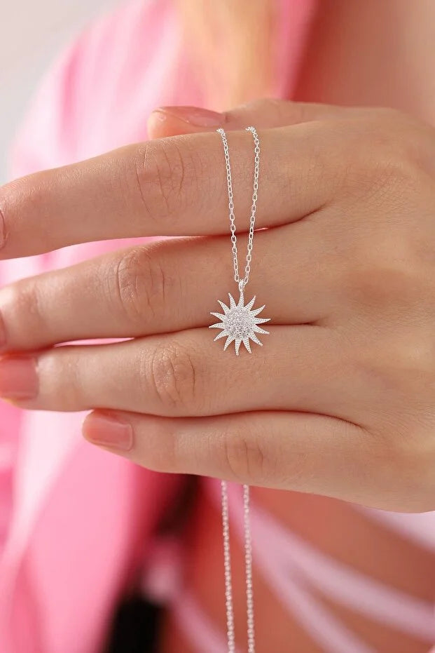Zon Hanger Ketting | 925 Sterling Zilver met Witte Zirkoon Steen