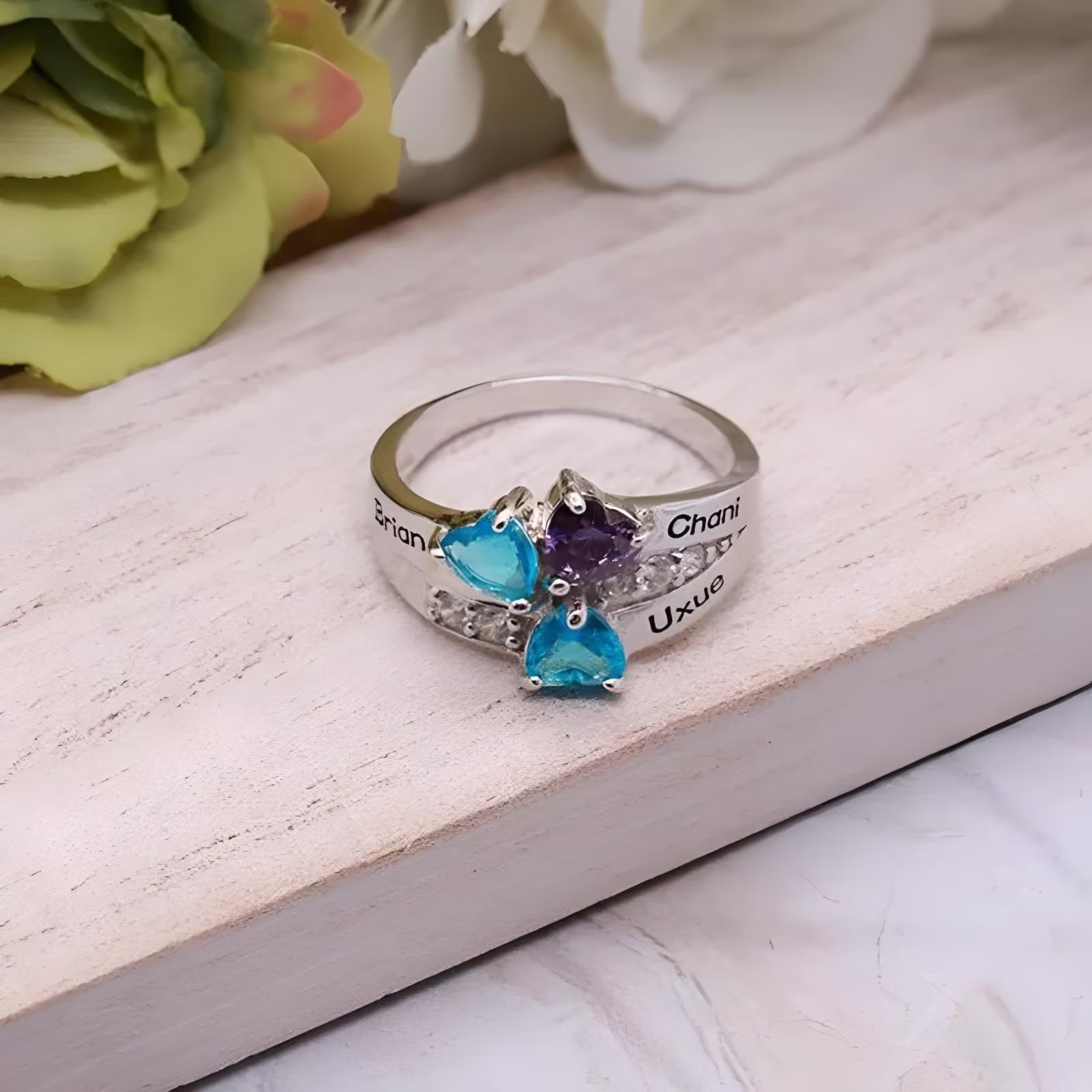 Gepersonaliseerde Geboortesteen Ring met Naam | Hart | 5 Diamanten