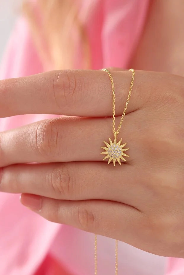 Gouden Zon Hanger Ketting | 925 Zilver Verguld met Witte Zirkoon