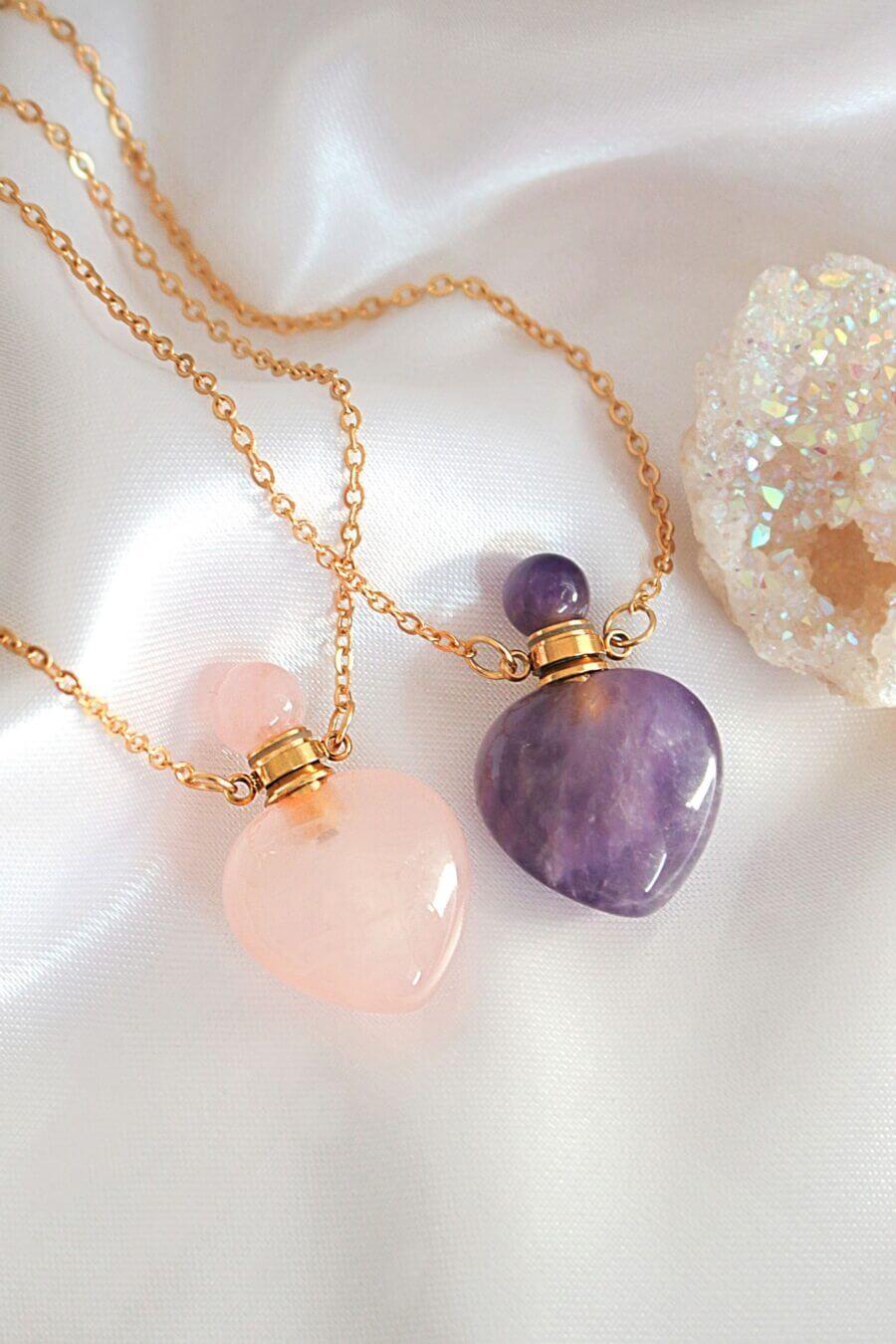Hart Kristallen Flesje Ketting | Natuurlijke Edelstenen | 24K Goud | Handgemaakt