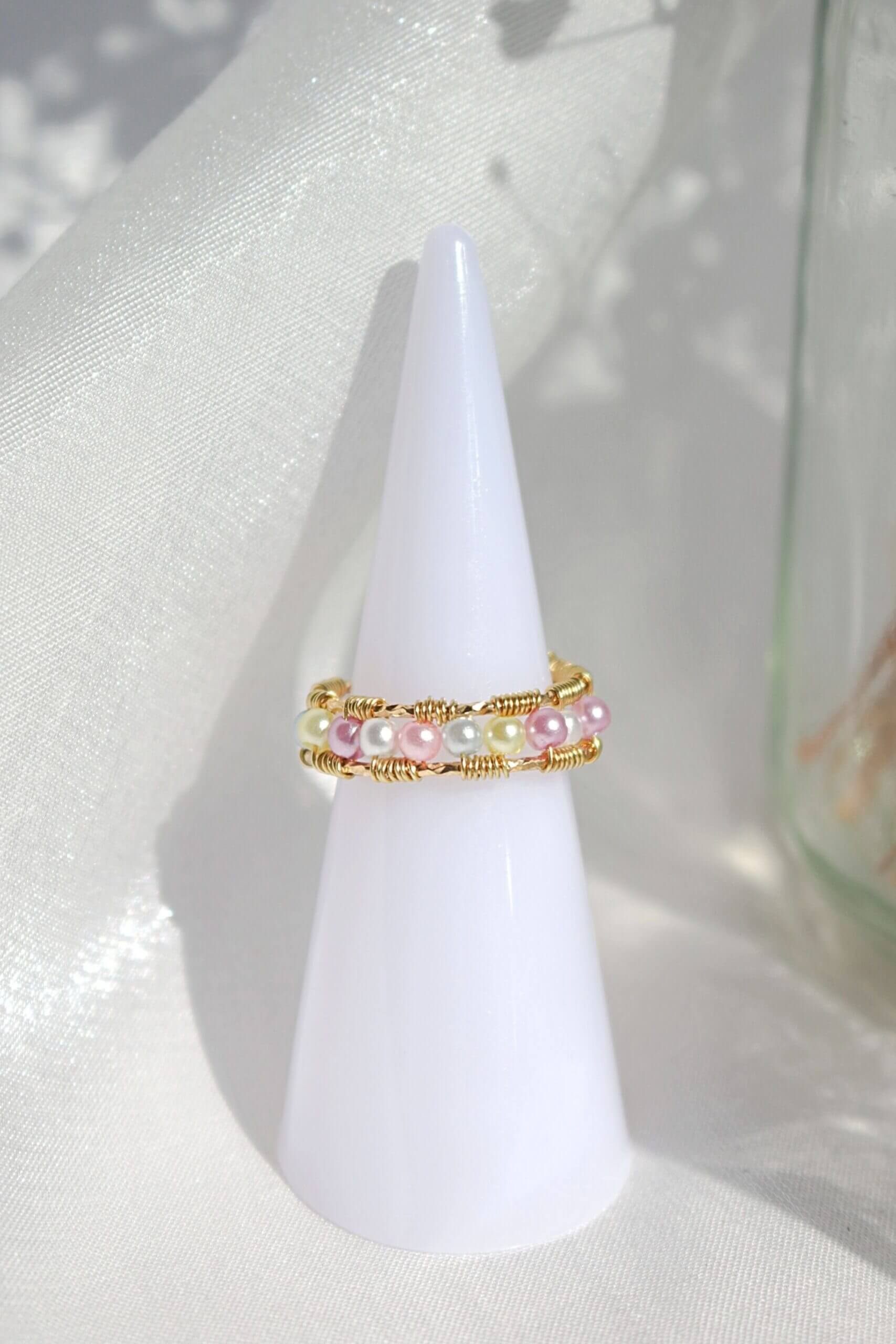 18 Karaat Gouden Pastel Regenboog Ring met Parels