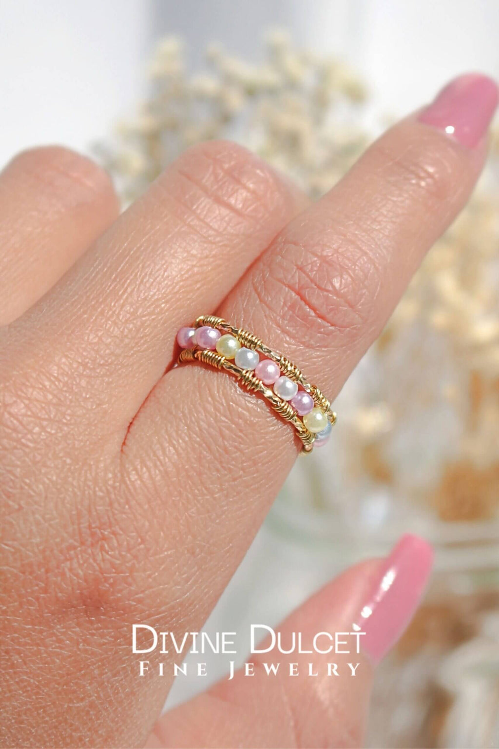 18 Karaat Gouden Pastel Regenboog Ring met Parels