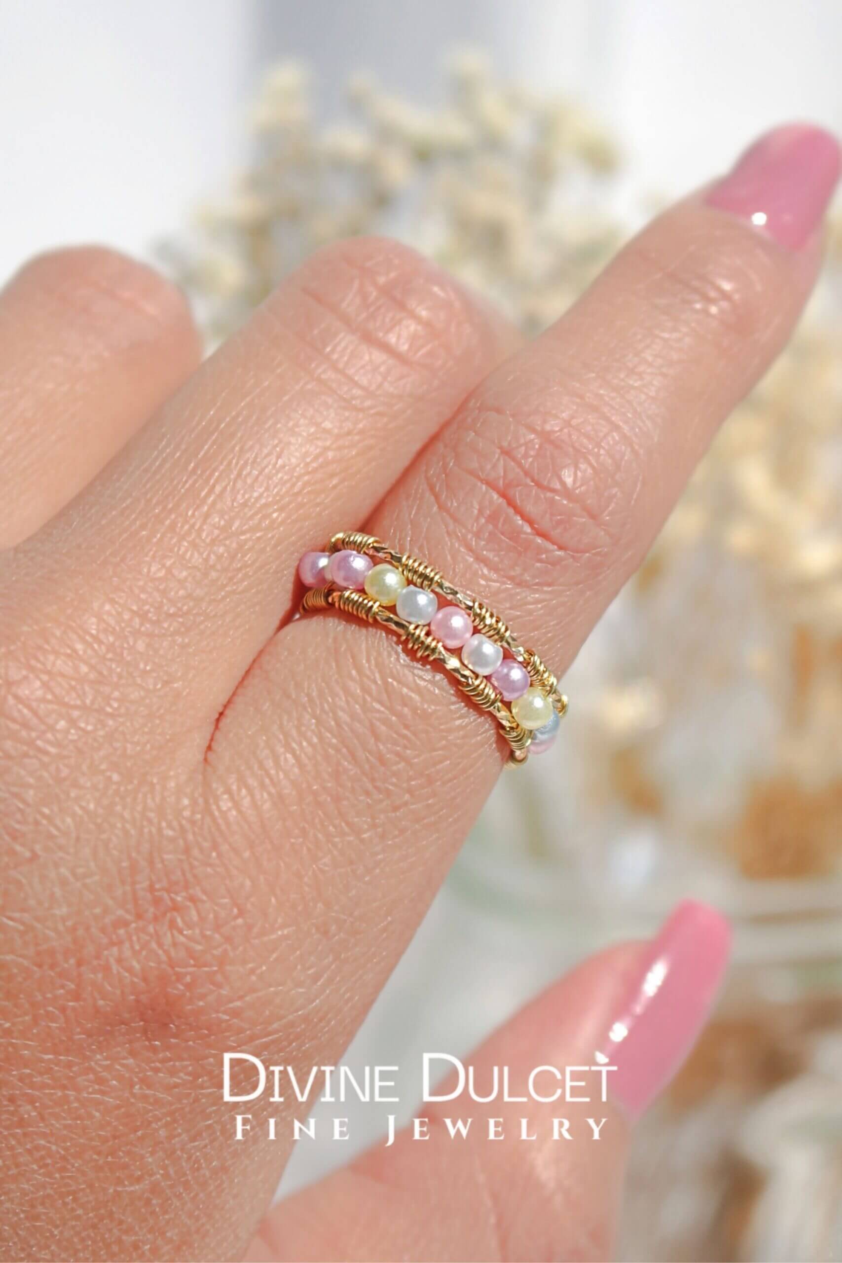 18 Karaat Gouden Pastel Regenboog Ring met Parels