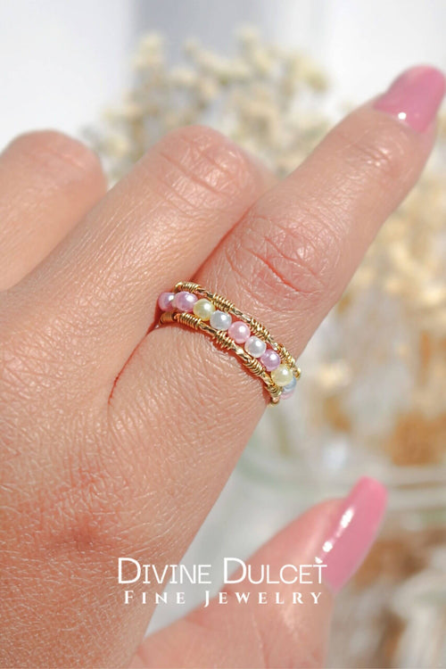 18 Karaat Gouden Pastel Regenboog Ring met Parels