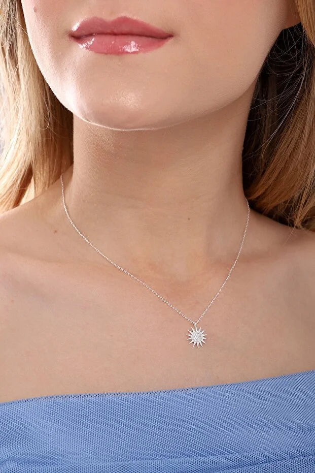 Zon Hanger Ketting | 925 Sterling Zilver met Witte Zirkoon Steen