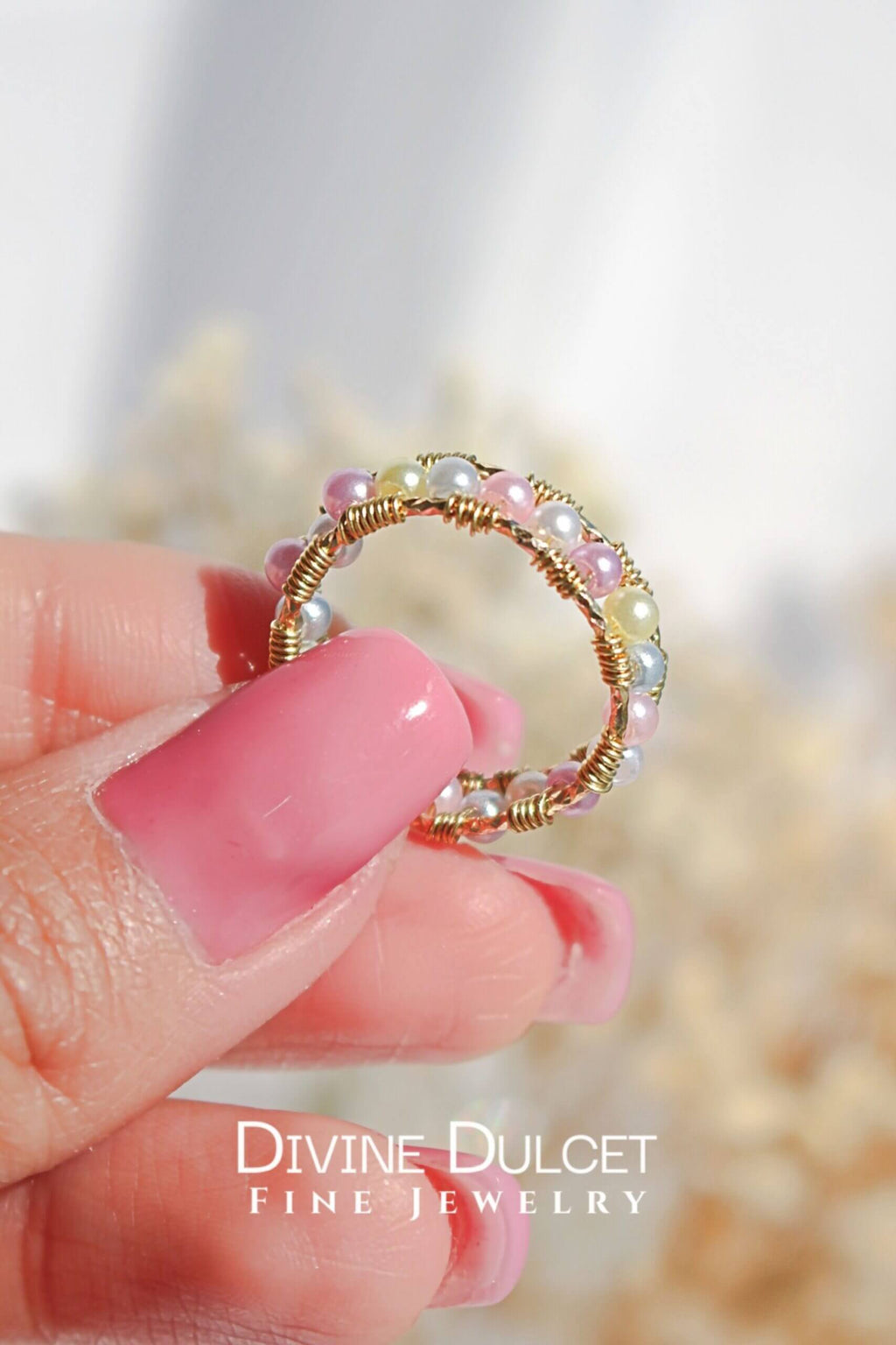 18 Karaat Gouden Pastel Regenboog Ring met Parels